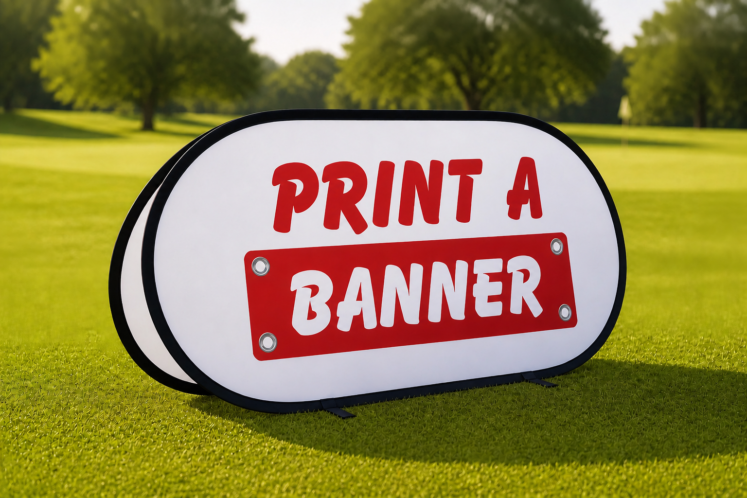 Angled view of a double-sided fabric Pop-Out Banner on a golf course