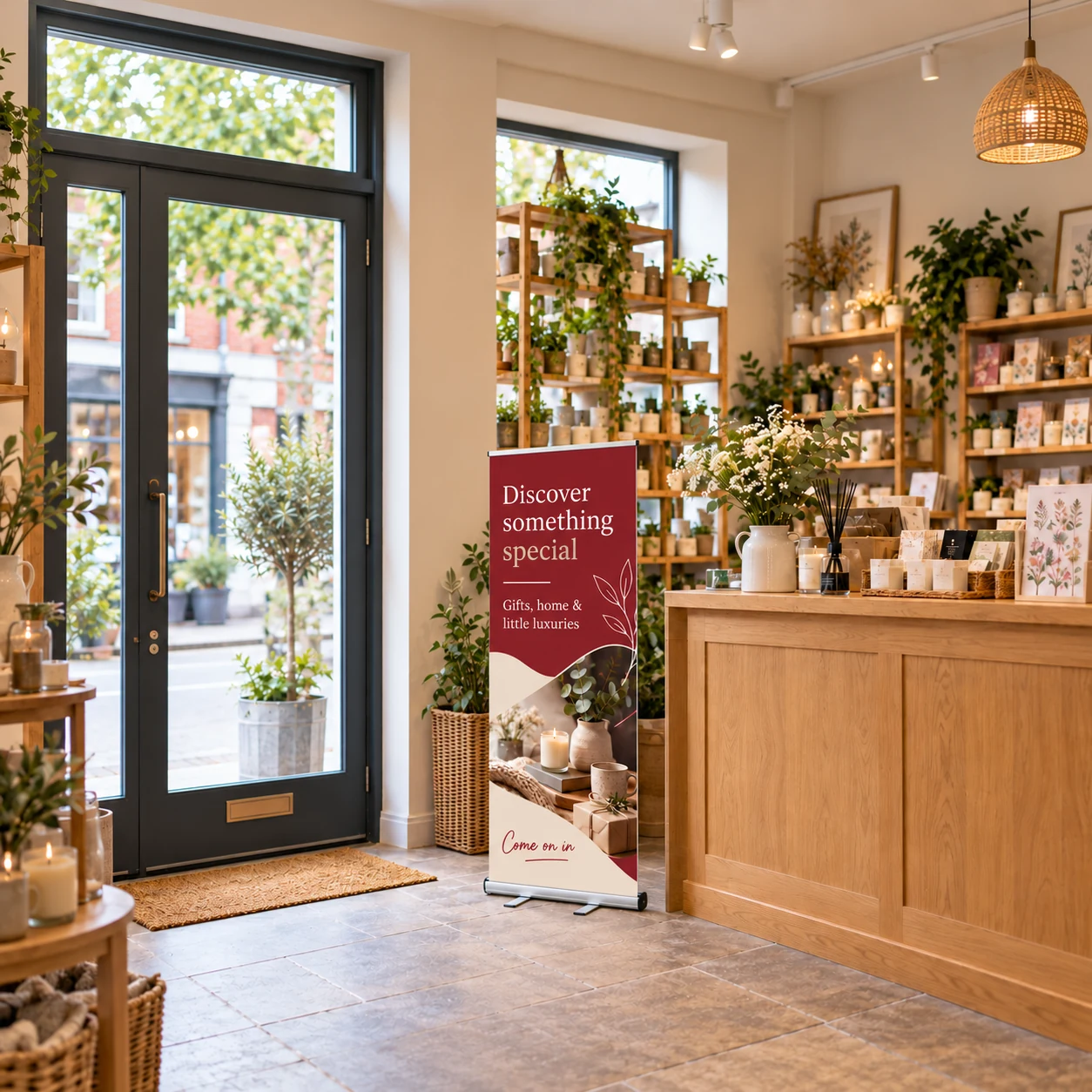 Compact banner beside a shop doorway and counter