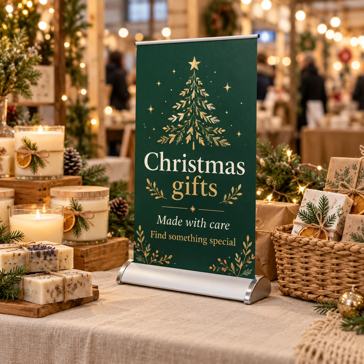 A3 tabletop banner among gifts at a Christmas stall