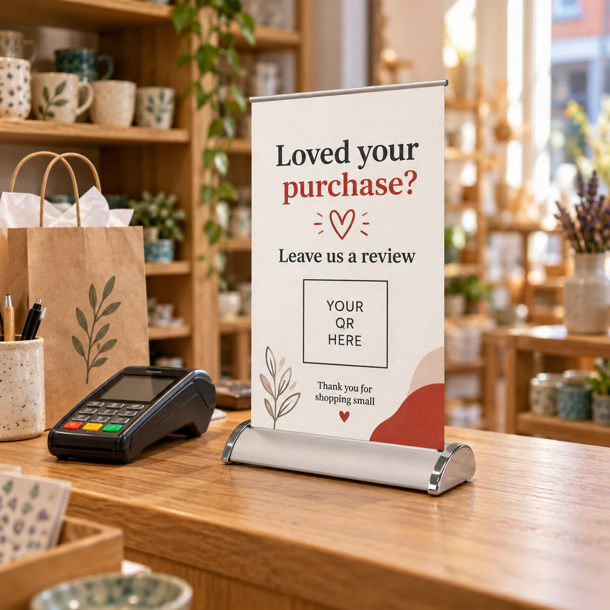 A4 review banner beside a card terminal