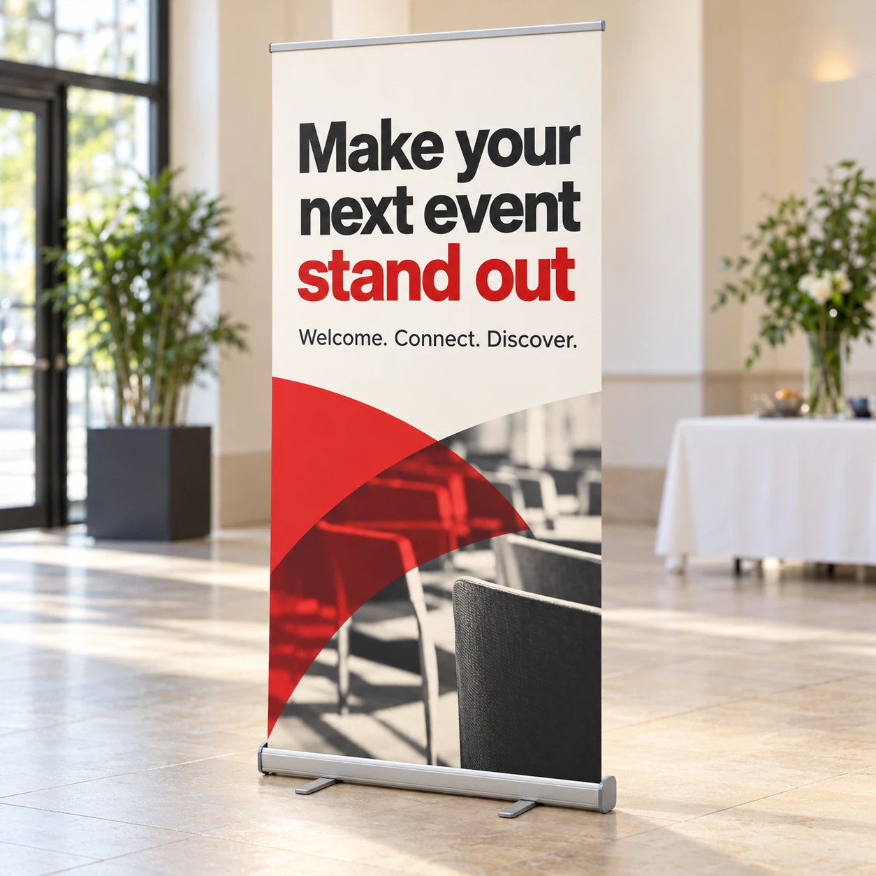 Standard roll-up with swing-out feet in an event foyer